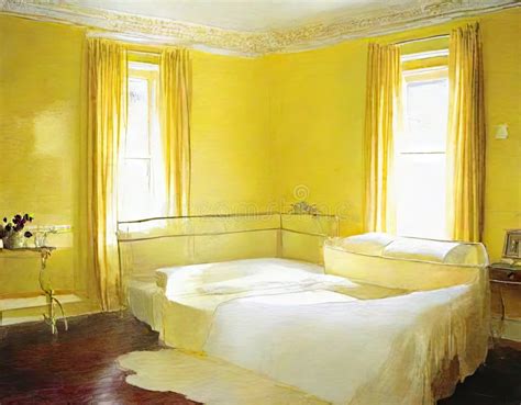 Watercolor of Elegant Bedroom Showcasing Vibrant Yellow Stock Illustration - Illustration of ...