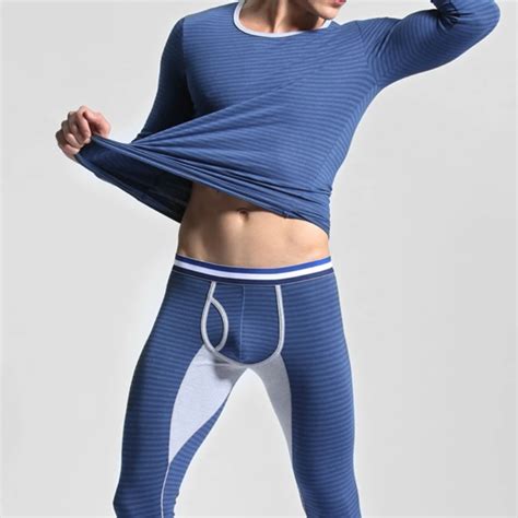 Brand Men Long Johns Thicken Mens Thermal Underwear Sets Striped Winter Legging Men Warm Sexy O ...