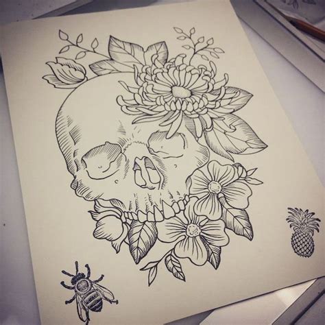 skull-surrounded-by-flowers-cool-designs-to-draw-black-and-white-pencil ...