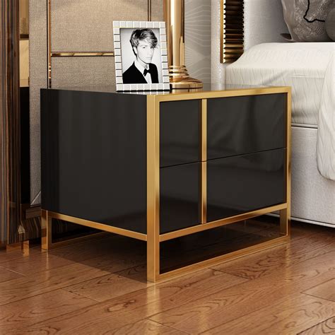 Black Lacquer Bedroom Nightstand Stainless Steel in Gold