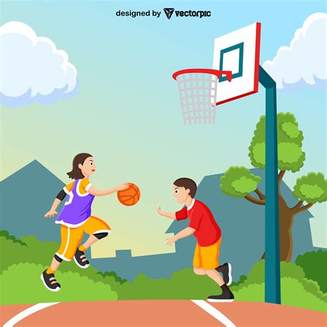 Kids Playing Basketball In A Playground Cartoon Vector, 52% OFF