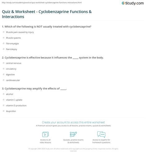 Quiz & Worksheet - Cyclobenzaprine Functions & Interactions | Study.com