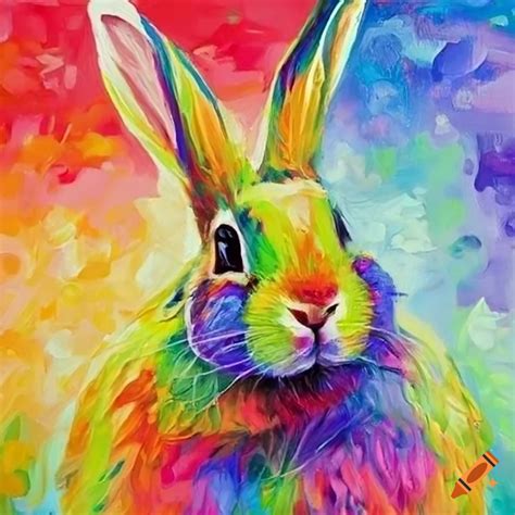 Oil painting of a rainbow rabbit