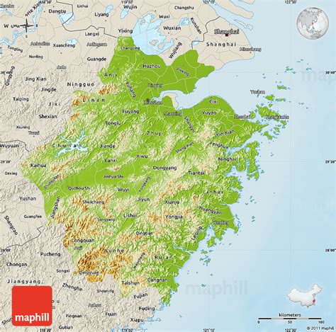 Physical Map of Zhejiang, shaded relief outside