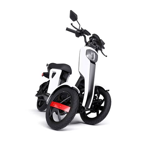 Tilting electric three-wheeler scoots down roads or trails