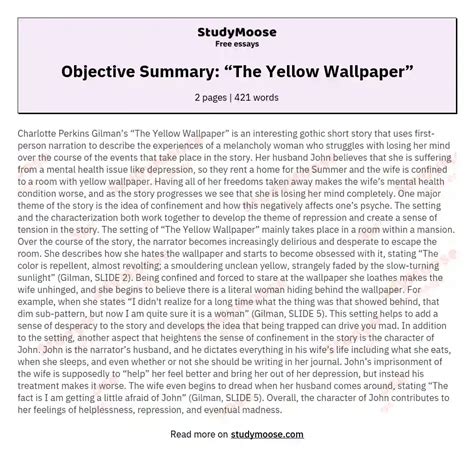 Objective Summary: “The Yellow Wallpaper” Free Essay Example