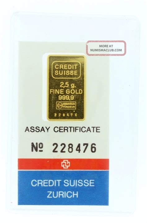 Credit Suisse Zurich 2. 5 Gram 999. 9 Gold Ingot Bullion Bar Assay Certificate