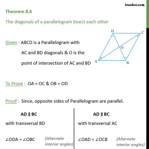 Theorem 8.6 - Class 9 - Diagonals of a parallelogram bisect each other