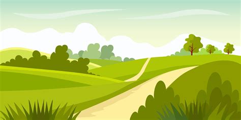 Cartoon rural grassland landscape, rural lane road to horizon through ...