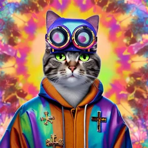 An animated cat with colorful goggles on wearing a C...