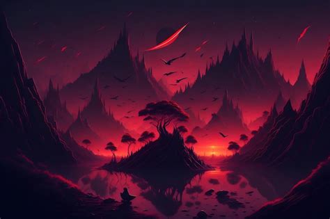 Premium AI Image | Fantasy world red gradient sunset floating island space view comets jungle ...