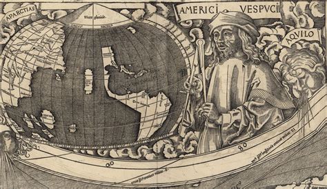 Portrait of Amerigo Vespucci next to a Map of the Americas and East Asia. Detail from Universal ...