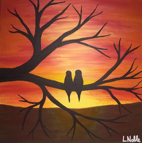 Acrylic painting lovebirds in the sunset / birds on a branch / | Etsy