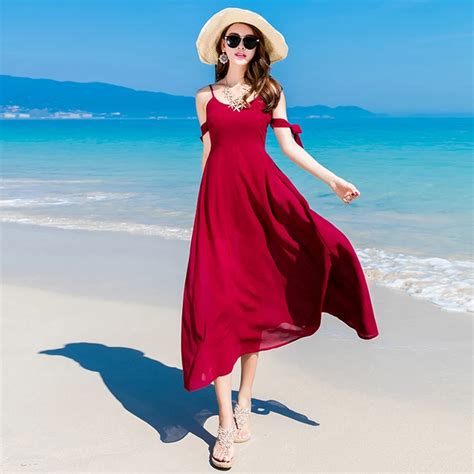 New 2017 Women Summer Beach Dress Off Shoulder Sleeveless Sexy Beach Wear Clothing Wine Red ...