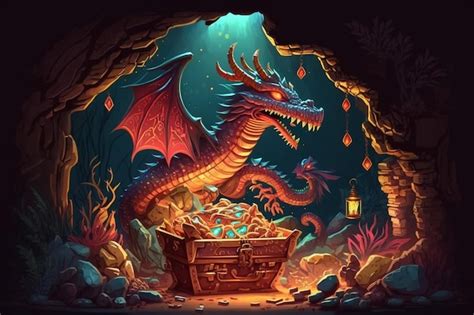 Premium AI Image | A dragon and a treasure chest in a cave.