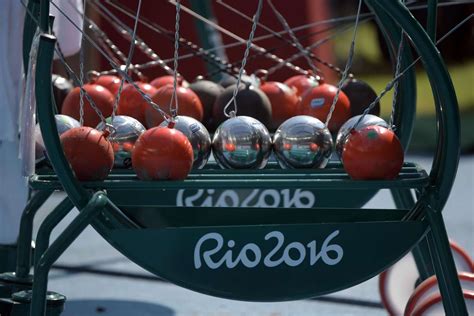 A general view of hammers on a rack during the men's hammer throw qualifications in the Rio 2016 ...