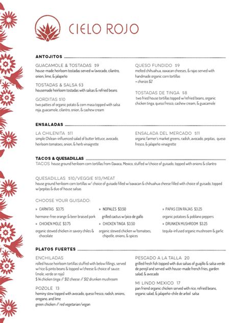 Cielo Rojo dinner menu | Latin American Cuisine | Mexican Cuisine