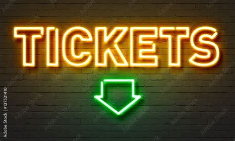 Tickets neon sign on brick wall background. Stock Illustration | Adobe ...