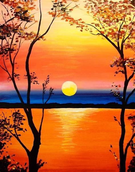 sunset-over-the-ocean-acrylic-flower-painting-two-tall-trees-at-the ...