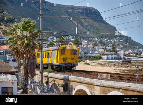 Metrorail train leaving the Kalk Bay station, in the southern suburbs ...