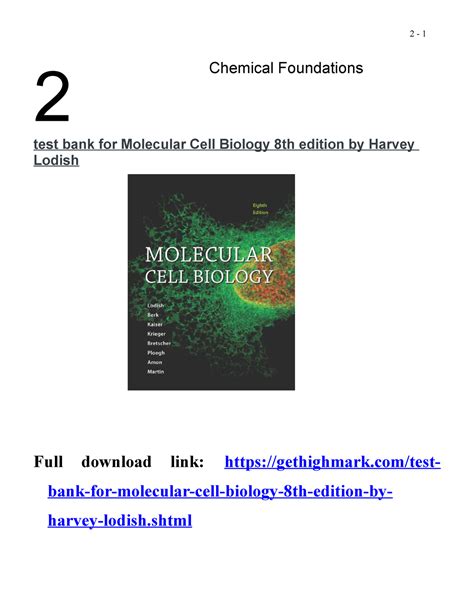 Test bank for Molecular Cell Biology 8th edition by Harvey Lodish - 2 Chemical Foundations test ...