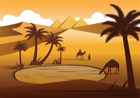 Camel drinking water in oasis desert near pyramids 2397427 Vector Art at Vecteezy