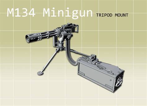 M134 Minigun mounted on M3 tripod with ammo and 3000 round ammo box.