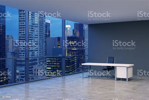 Workplace In A Modern Corner Panoramic Office Stock Photo - Download Image Now - Office ...