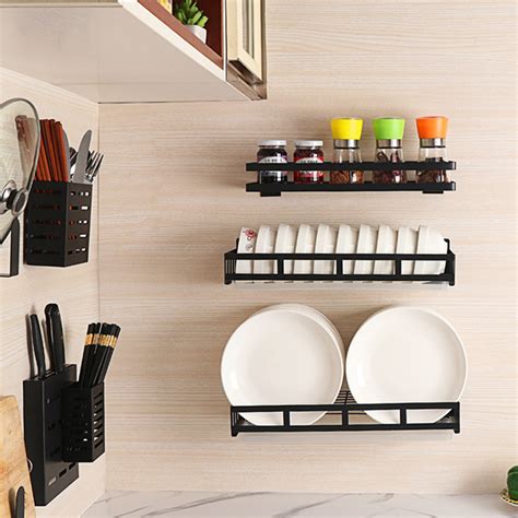 Kitchen Plate Racks Stainless Steel Shelf Dishes Bowl Spice Storage Wall Mounted Storage Shelves ...