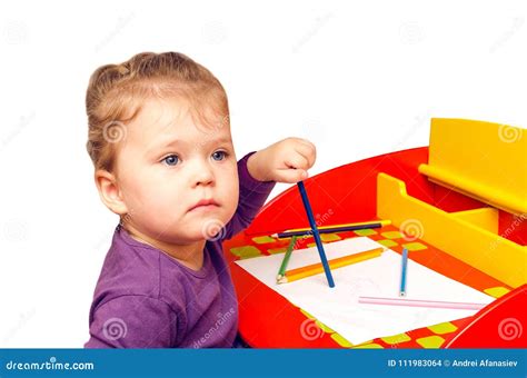 Little Girl is Sitting at the Table, Isolated on White Background Stock Photo - Image of drawing ...