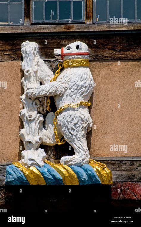 Bear and ragged staff symbol of Warwickshire on Medieval timber framed Lord Leycester Hospital ...