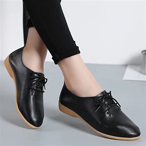 Size 35 44 Leather Shoes Women Flats Pointed Toe Oxford Shoes Lace Up ...