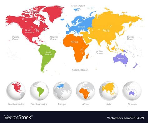 World map divided into six continents. Each continent in different color. Simple flat vector ...