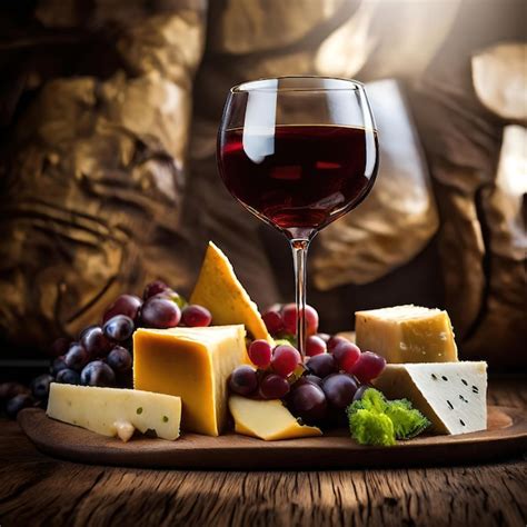 Premium Photo | Red wine glass and cheese board with grapes