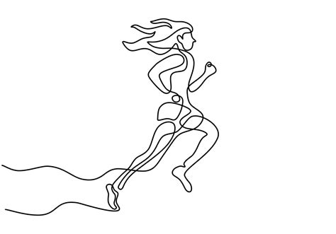 Continuous one line drawing of young woman athlete runner focus sprint run. Character girl ...