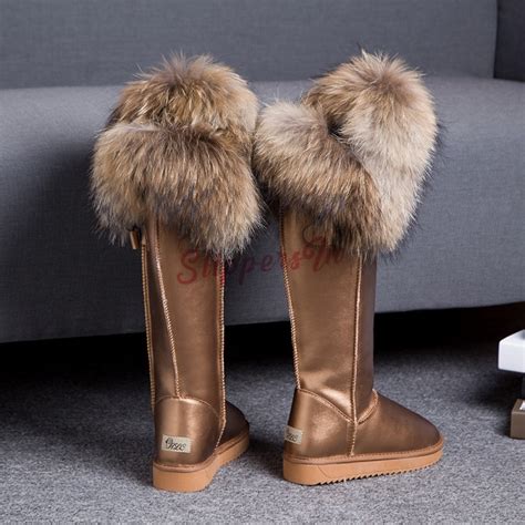 Luxury Women's Tall Fur Boots Winter Leather Over the Knee Boots