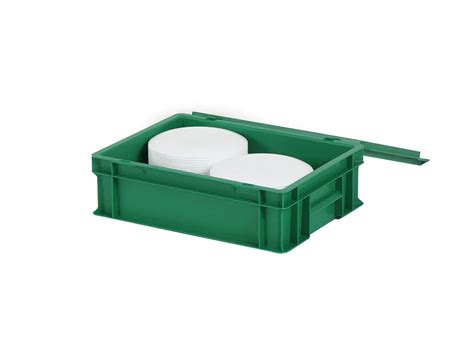 Set of lidded bin measuring 300x200xH133mm in green with 40 reusable white snack plates ...