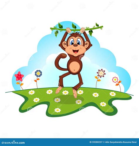 Monkey Swinging On Vines Cartoon In A Garden Stock Vector - Image: 59280237