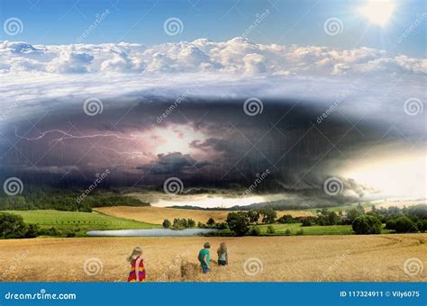 Thundercloud, Lightning and Rain Above the Pond and Wheat Fields Editorial Photo - Image of ...