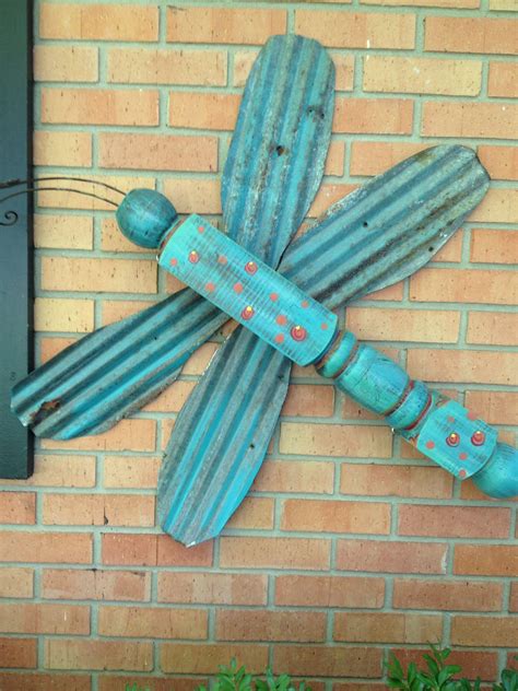 Dragonfly made with table leg and old corrugated tin, painted in turquoise. | Corrugated tin ...