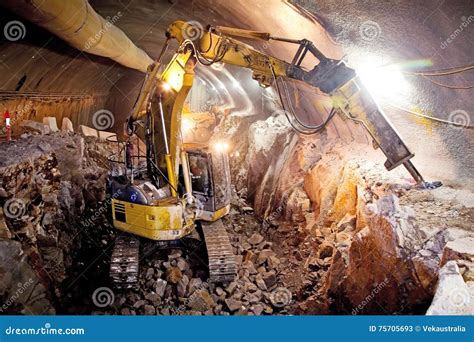 Hydraulic Hammer Excavator - Concrete Road Tunnel Construction Stock ...