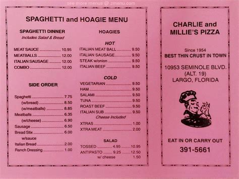 Online Menu of Charlie & Millie's Pizza House Restaurant, Largo, Florida, 33778 - Zmenu