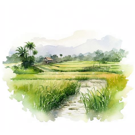 Premium Photo | Watercolor painting of rice fields