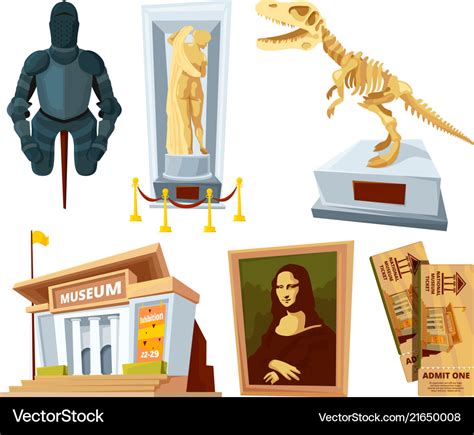 Set cartoon pictures of museum with exhibit pod Vector Image