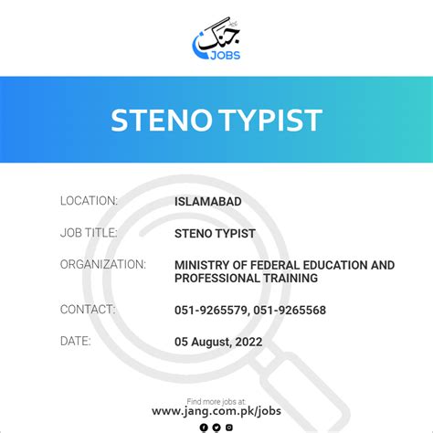 Steno Typist Job – Ministry Of Federal Education And Professional Training - Jobs in Islamabad ...