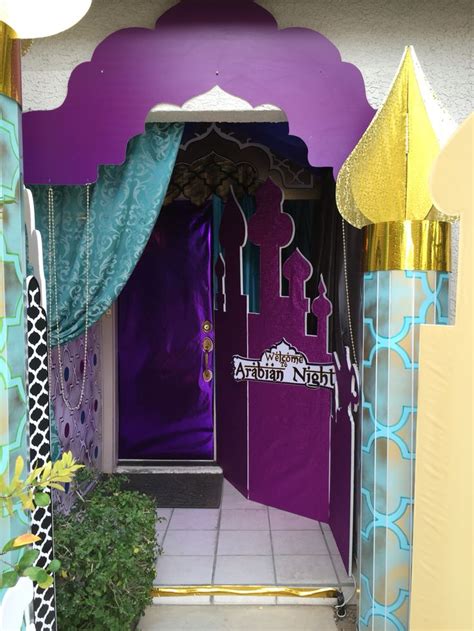 a purple and blue decorated entrance to a building