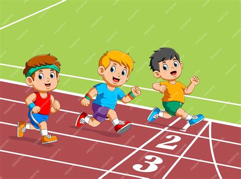 Premium Vector | Kids running on the track of stadium