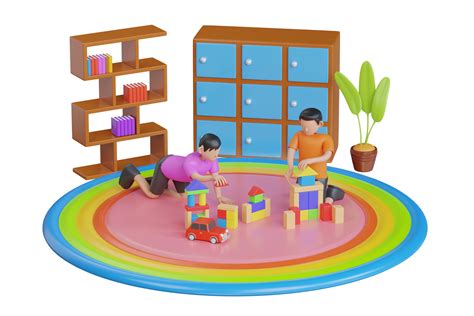 3d illustration of children playing with colorful toy blocks. playing colorful wood blocks stack ...