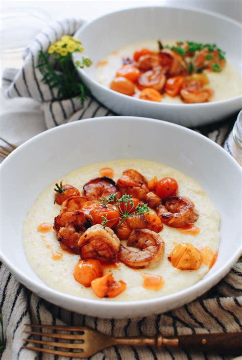 Cheesy Corn Grits with Fiery Shrimp | Bev Cooks