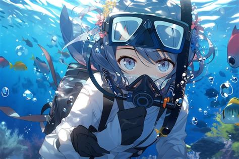 Premium AI Image | Scuba diving anime girl in a suit with a mask on her ...